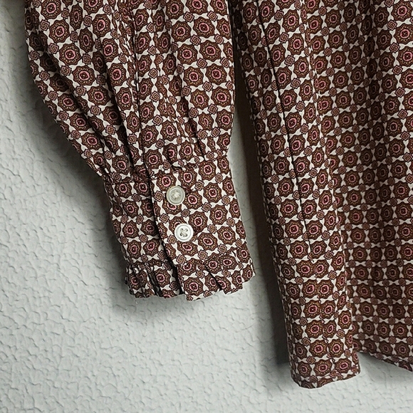 LOFT Foulard Pleated Sleeve Blouse Brown Medallion 60s 70s Hippy Retro Bohemian - Picture 6 of 12